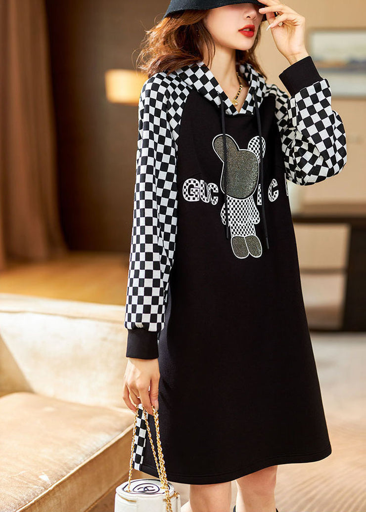 Boho Black Hooded Plaid Sweatshirt dress Winter