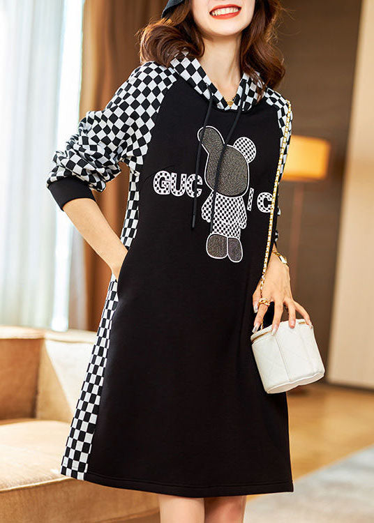 Boho Black Hooded Plaid Sweatshirt dress Winter