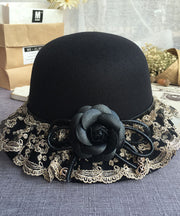 Boho Black Lace Patchwork Floral Woolen Bucket Hat