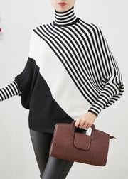 Boho Black Oversized Striped Knit Sweater Batwing Sleeve