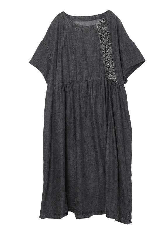 Boho Black Patchwork Cinched Denim Ankle Dress Summer - bagstylebliss