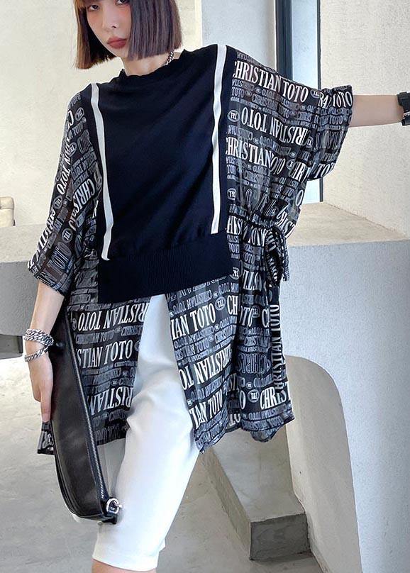 Boho Black Patchwork Graphic tie waist Blouse Tops Summer - bagstylebliss