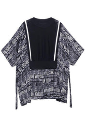 Boho Black Patchwork Graphic tie waist Blouse Tops Summer - bagstylebliss