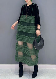 Boho Black Patchwork Green O-Neck Fake Two Pieces Tulle Long Dresses Long Sleeve