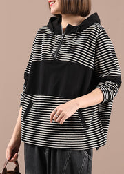 Boho Black Patchwork Striped Hooded Pockets Fall Pullover