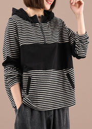 Boho Black Patchwork Striped Hooded Pockets Fall Pullover