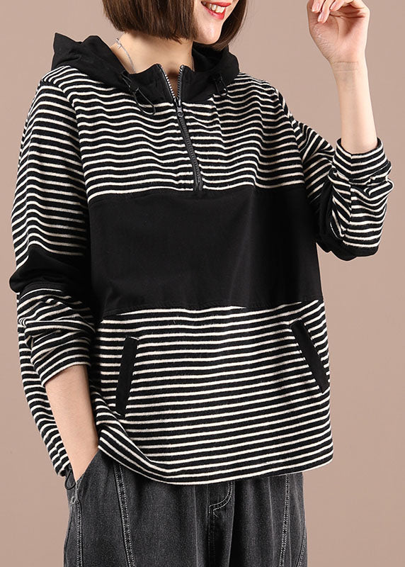 Boho Black Patchwork Striped Hooded Pockets Fall Pullover