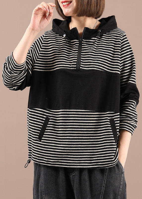 Boho Black Patchwork Striped Hooded Pockets Fall Pullover