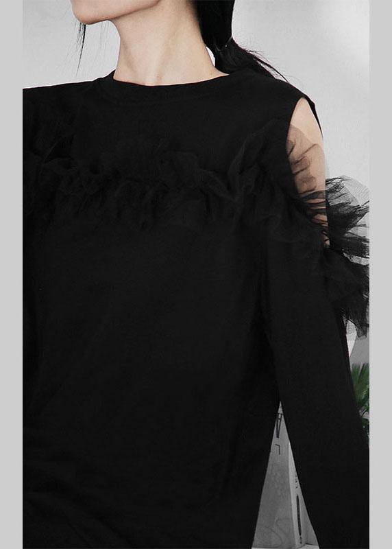 Boho Black Patchwork Tulle Cold Shoulder Long sleeve Pullover Sweatshirt - bagstylebliss