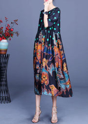 Boho Black Print O-Neck Half Sleeve Silk Vacation Dresses Summer - bagstylebliss