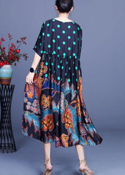 Boho Black Print O-Neck Half Sleeve Silk Vacation Dresses Summer - bagstylebliss