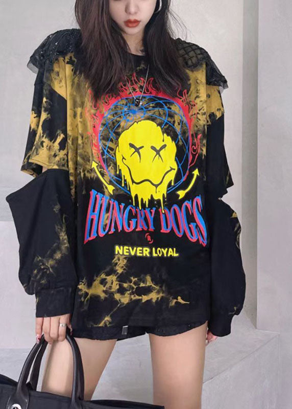 Boho Schwarz Print Patchwork Tie Dye Pailletten Herbst Sweatshirt