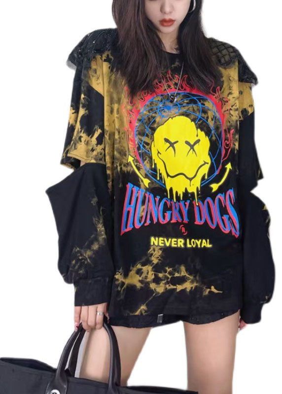 Boho Schwarz Print Patchwork Tie Dye Pailletten Herbst Sweatshirt