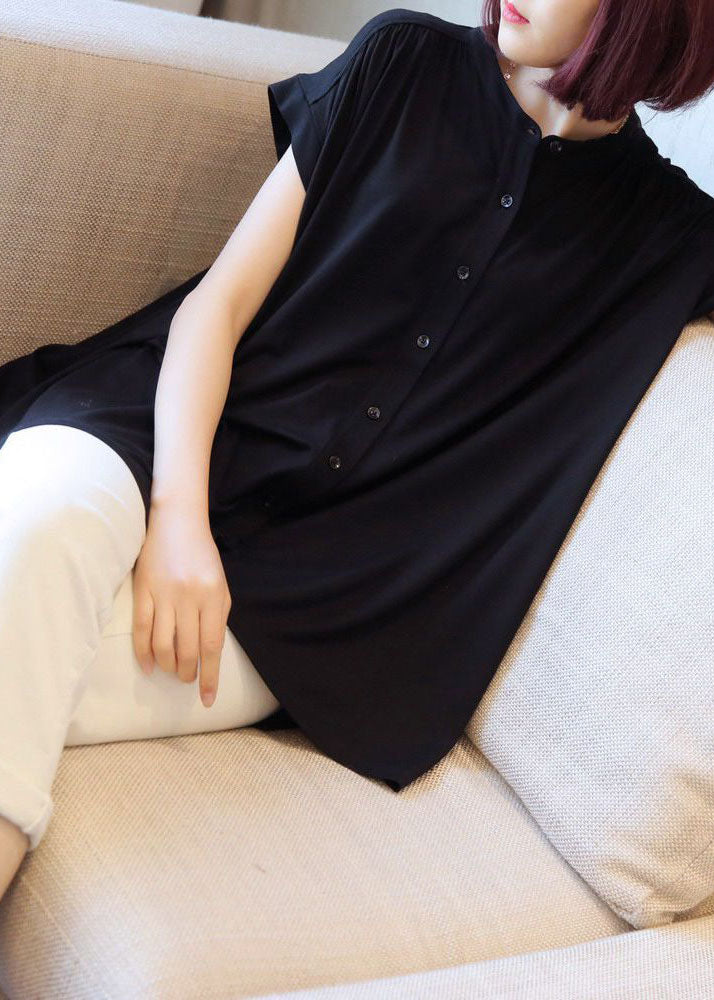 Boho Black Stand Collar Oversized Button Cotton Shirt Short Sleeve