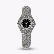 Boho Black Sterling Silver Zircon Metal Organic Glass Wrist Watch