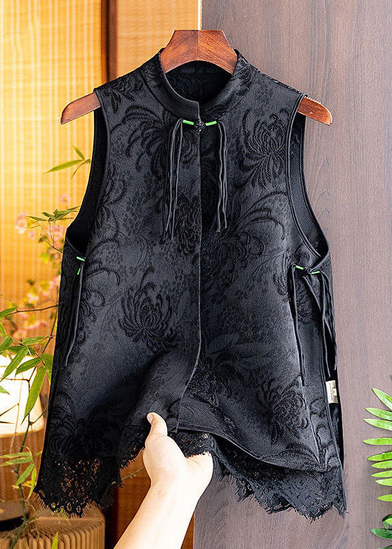 Boho Black Tasseled Patchwork Lace Side Open Silk Vest Sleeveless