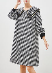 Boho Black White Plaid Sailor Collar Cotton Dress Spring