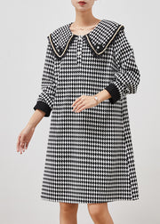 Boho Black White Plaid Sailor Collar Cotton Dress Spring