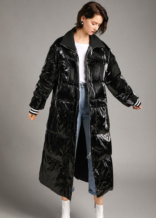 Boho Black zippered Pockets long Winter Duck Down coat