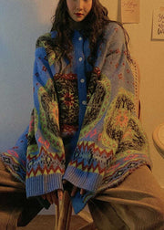 Boho Blue Cute retro Button Print Fall Knit Sweater Coat