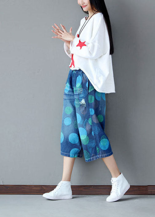 Boho Blue Elastic Waist Dot Print Cotton Wide Leg Crop Pants Summer