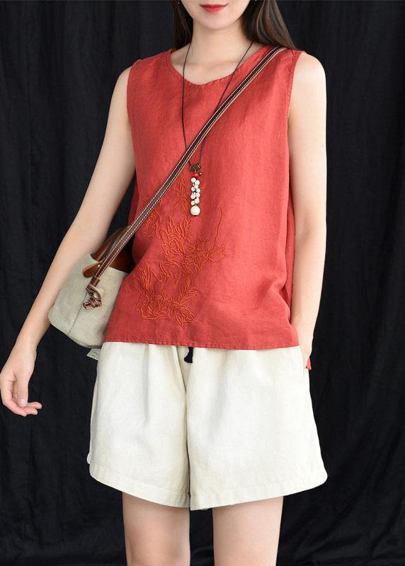 Boho Blue Embroideried Sleeveless Linen Shirt Tops Summer - bagstylebliss