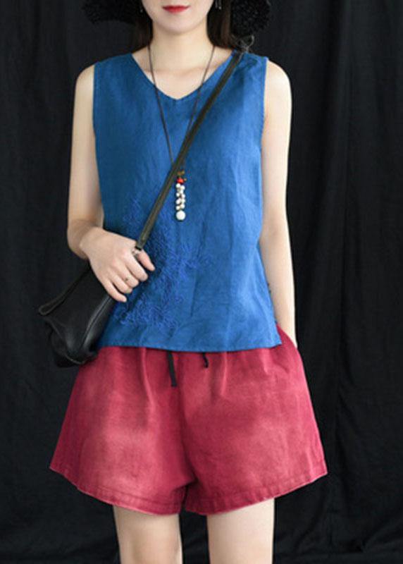 Boho Blue Embroideried Sleeveless Linen Shirt Tops Summer - bagstylebliss