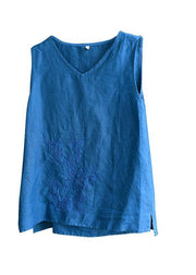 Boho Blue Embroideried Sleeveless Linen Shirt Tops Summer - bagstylebliss