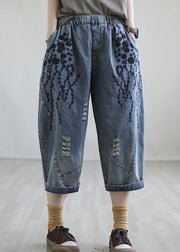 Boho Blue Embroideried Summer Denim Pants - bagstylebliss