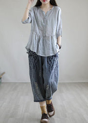 Boho Blue Embroideried Summer Denim Pants - bagstylebliss