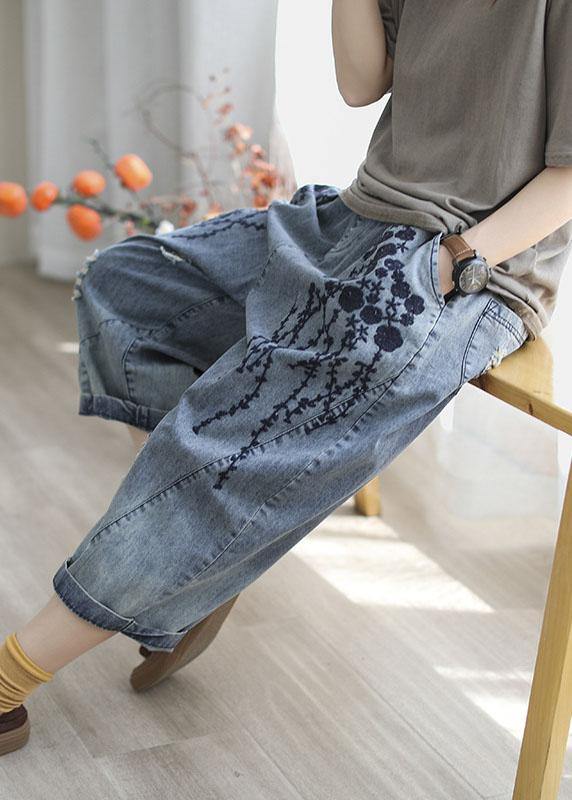 Boho Blue Embroideried Summer Denim Pants - bagstylebliss
