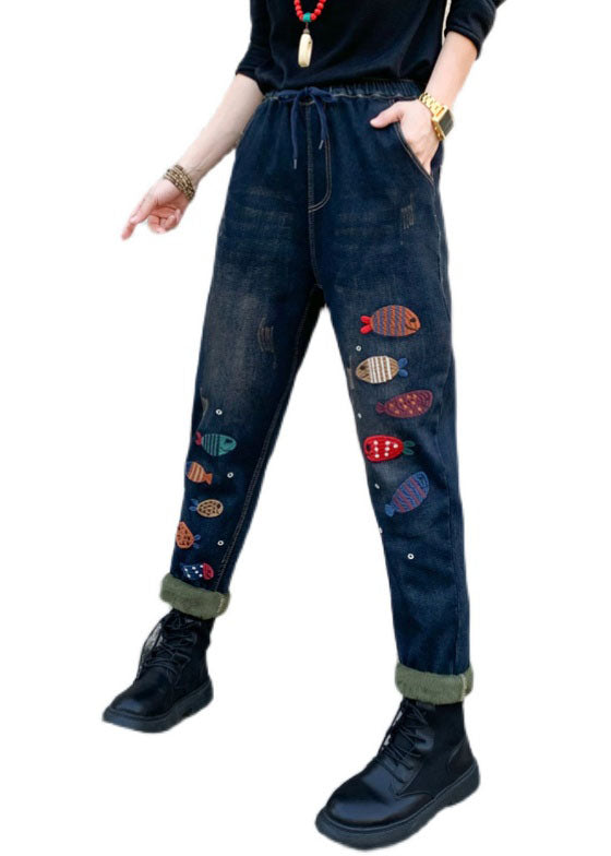 Boho Blue Embroideried elastic waist denim Pants Winter