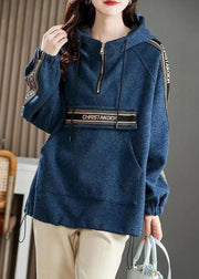 Boho Blue Hooded Pockets Patchwork Cotton Sweatshirts Long Sleeve