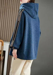 Boho Blue Hooded Pockets Patchwork Cotton Sweatshirts Long Sleeve