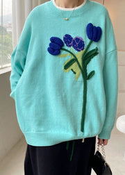 Boho blauer lockerer Strickpullover mit Blumenmuster Winter