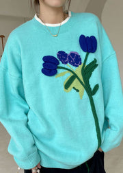 Boho Blue Loose Floral Knit Sweaters Winter