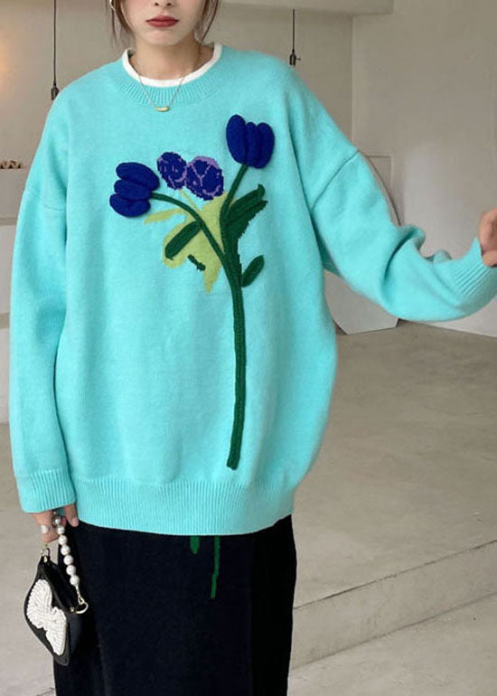 Boho Blue Loose Floral Knit Sweaters Winter