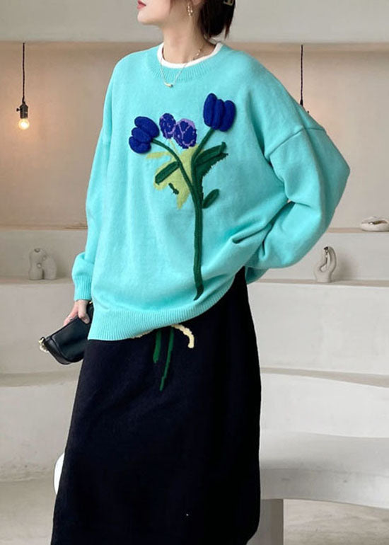 Boho blauer lockerer Strickpullover mit Blumenmuster Winter