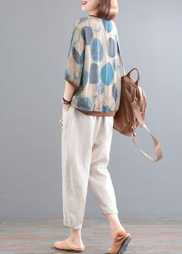 Boho Blue O-Neck Dot Print Linen Tops And Pants Two Pieces Set Summer