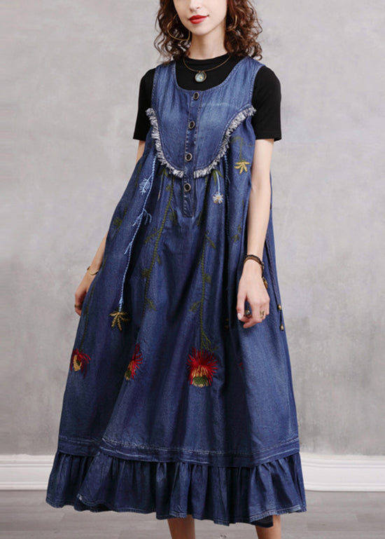 Boho Blue O-Neck Ruffled Embroideried Patchwork Cotton Denim Dress Sleeveless