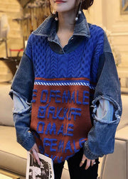 Boho Blue Patchwork Denim Hole Loose Fall Knit Strickpullover