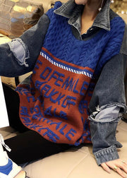 Boho Blue Patchwork Denim Hole Loose Fall Knit Strickpullover