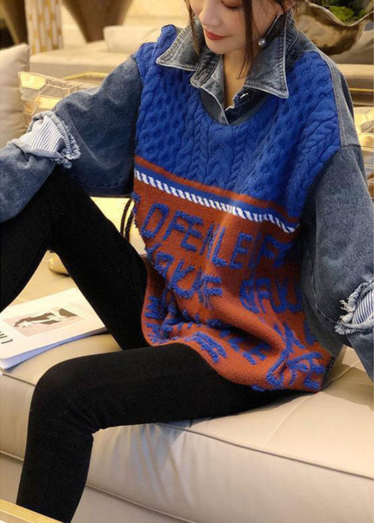 Boho Blue Patchwork Denim Hole Loose Fall Knit Strickpullover