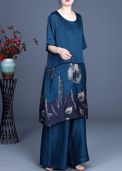 Boho Blue Patchwork Print long clothes Wide Leg Two Pieces Set - bagstylebliss