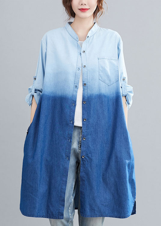 Boho Blue Pockets Button Gradient color Fall Denim Trench Long sleeve