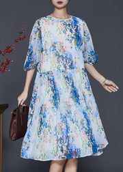 Boho Blue Print Chiffon Mid Dress Lantern Sleeve