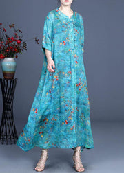 Boho Blue Print O-Neck Summer Ramie Long Dress Half Sleeve - bagstylebliss