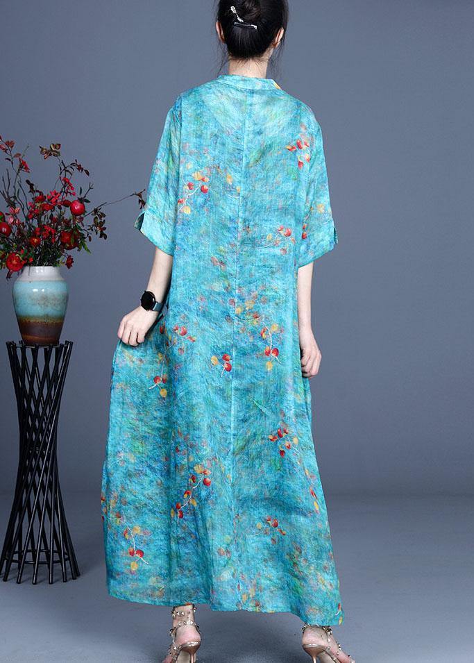 Boho Blue Print O-Neck Summer Ramie Long Dress Half Sleeve - bagstylebliss