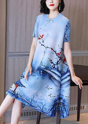 Boho Blue Print Oriental Mid Dress Summer - bagstylebliss
