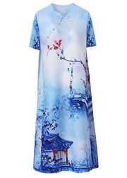 Boho Blue Print Oriental Mid Dress Summer - bagstylebliss